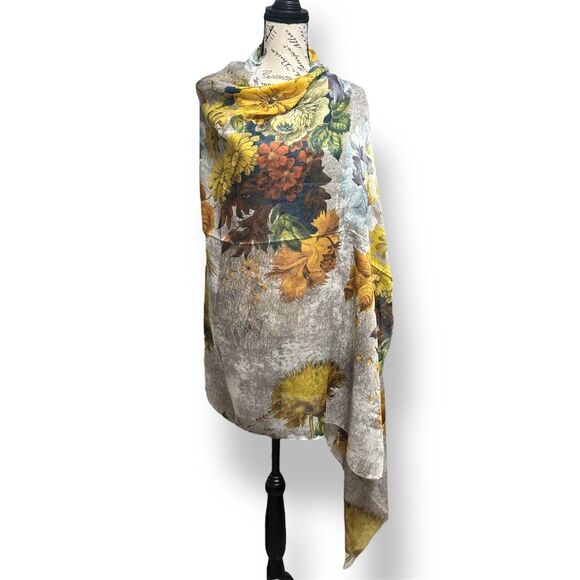 Kollie More Tan Floral Print Long Scarf Wrap Viscose Tan Yellow Green Boho Shawl - Picture 5 of 12